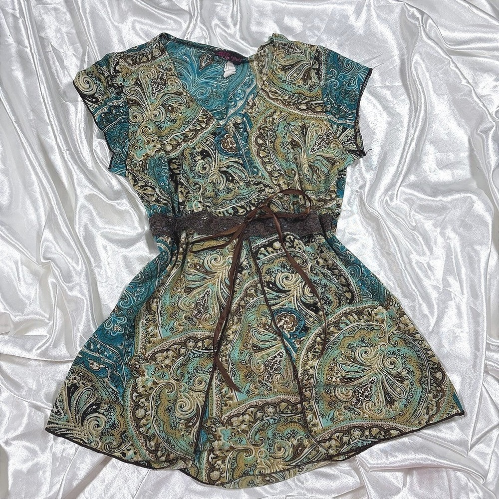 y2k boho Paisley Tunic Top Teal Brown Lace Waist Tie Agenda Tunic